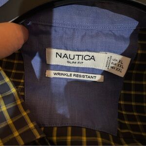 Nautica Mens Shirt Size XL Tartan Blue Yellow Plaid Slim Fit Wrinkle Resistant